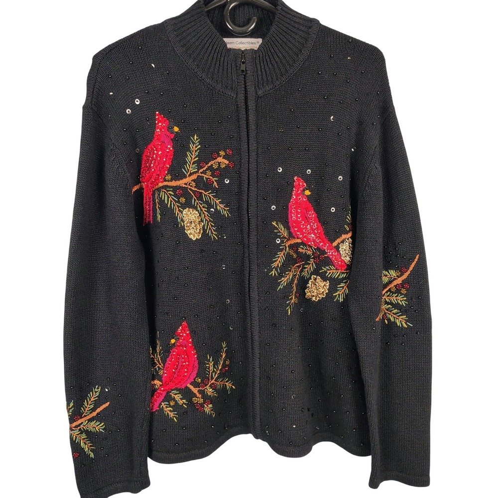 Womens SZ L Heirloom Collectibles Cardinal Sweater Black Beaded Christmas Vtg